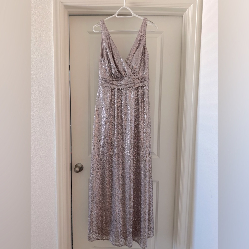 David’s Bridal, long sequence V-neck, Platinum Dress